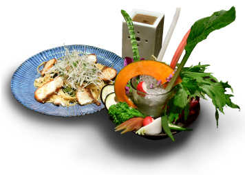 京の生け花サラダと真鯛と九条ねぎのパスタ